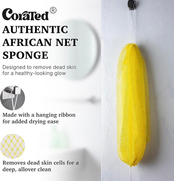 CORATED African Net Sponge Authentic, Shower Loofah Exfoliating Bath Sponge, Body Scrubber for Women and Men Daily Use Body Care, Travel Portable, Durable Bath Accessories for Bathroom (Pink & Yellow)