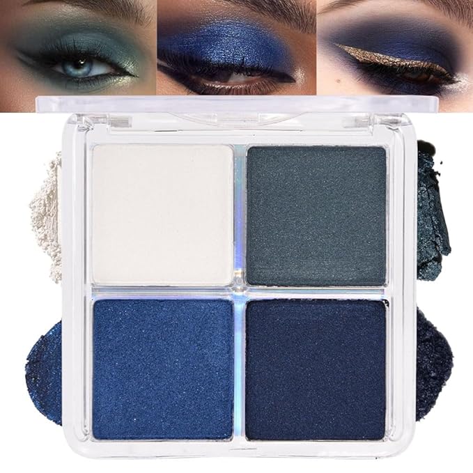 4 Colors Dark Peacock Green White Navy Sapphire Blue Eye Shadow Powder Palette Makeup, Highly Pigmented Waterproof Matte Shimmer Cream Quads Eyeshadow Palette for Women, paleta de sombras de ojos 08