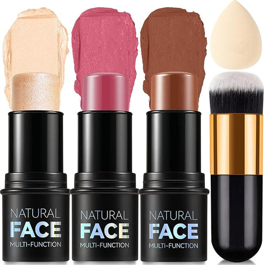 3-in-1 Cream Contour Stick Set - Blush, Bronzer & Highlighter - Long Lasting, Waterproof - Matte & Dewy Finish - Light Fair (8+10+12) for Women