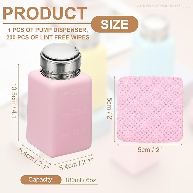 YOKIVE Alcohol Dispenser, 180ml(6oz) Pump Dispenser Bottle Push Down for Nail Polish Remover Acetone Cleanser with 200Pcs Lint Free Nail Wipes, Pink(Splash-proof Pump Head)