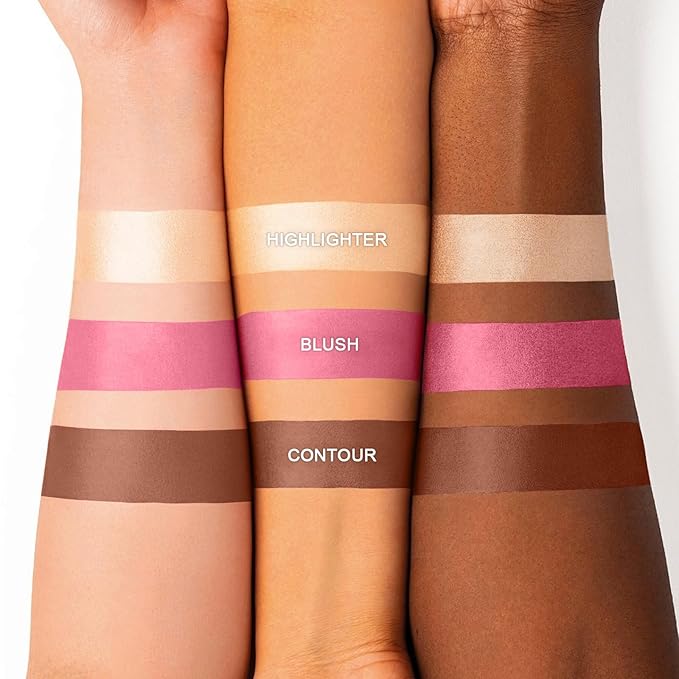 3-in-1 Cream Contour Stick Set - Blush, Bronzer & Highlighter - Long Lasting, Waterproof - Matte & Dewy Finish - Light Fair (8+10+12) for Women