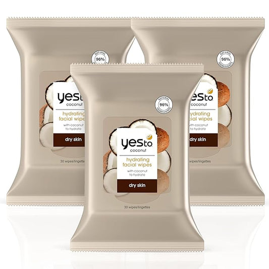 Yes To Face Wipes for Women and Men, Super Skin Recharging Facial Cleansing Wipes for use as a Make Up Remover, Cleaning, Soothing, Coconut (Pack of 3)