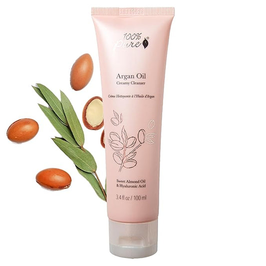 100% PURE Argan Oil Creamy Cleanser Daily Moisturizing Face Wash & Makeup Remover - Natural Anti-Aging Cleansing Botanicals for Clear Skin & Healthy Radiant Glow - 3.4 Fl Oz