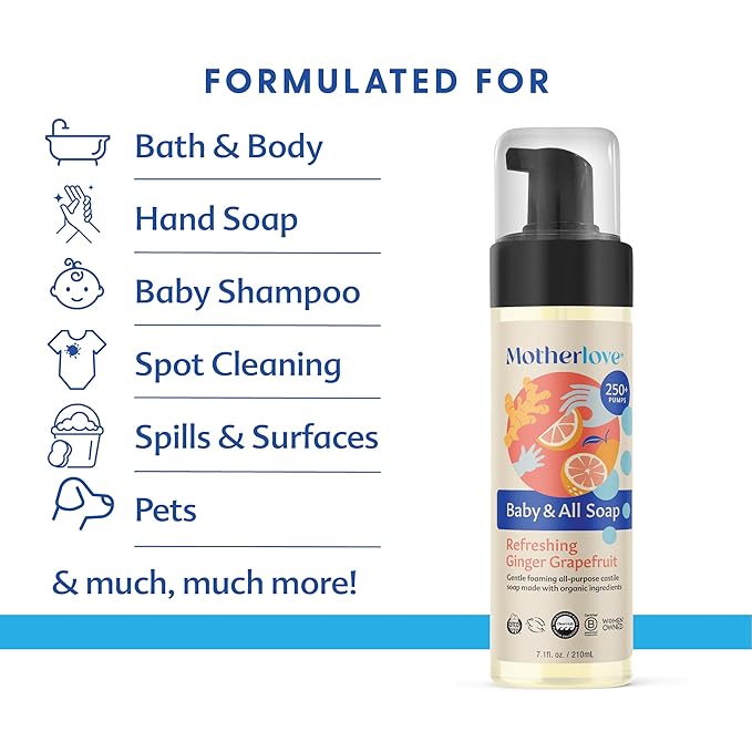 Motherlove Baby & All Soap (7.1 oz) Gentle Foaming All-Purpose Castile Soap Made with Organic Ingredients – Refreshing Ginger Grapefruit