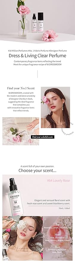 W.Dressroom No.64 Lovely Rose Living Clear Perfume, Body Mist & Fabric Spray for Clothes, Bedding & Room, Water-Based, Travel Size 2.36 oz
