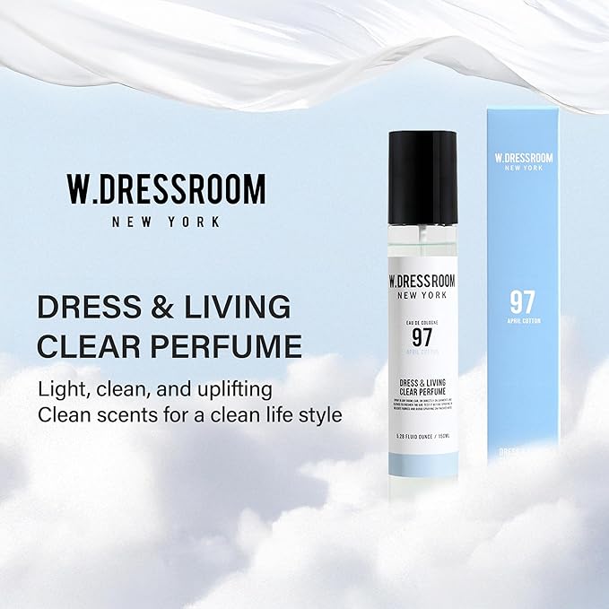 W.Dressroom No.97 April Cotton Living Clear Perfume, Body Mist, Long-Lasting Unisex, Alcohol-Free Water-Based, Spray on Skin, Clothes, Bedding & Car, Travel Size 5.28 oz