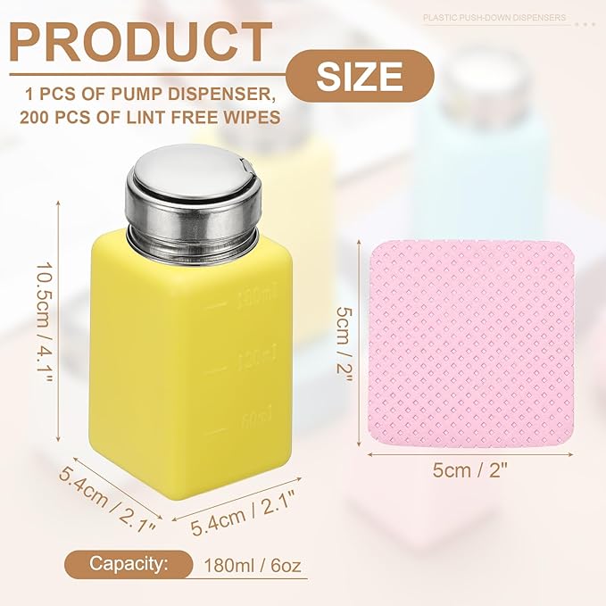 YOKIVE Alcohol Dispenser, 180ml(6oz) Pump Dispenser Bottle Push Down for Nail Polish Remover Acetone Cleanser with 200Pcs Lint Free Nail Wipes, Yellow(Splash-proof Pump Head)