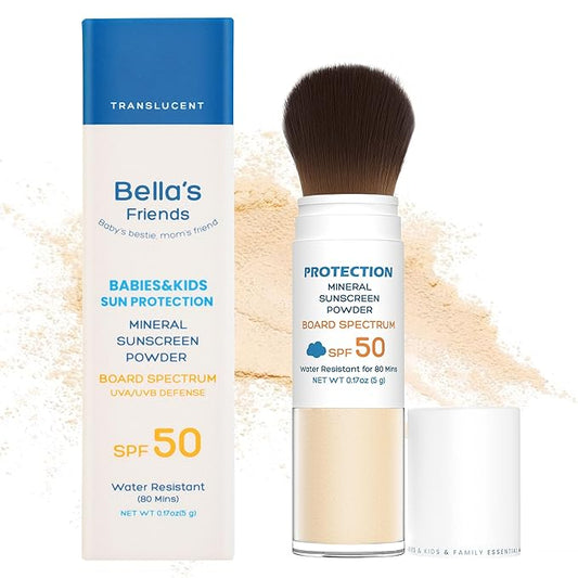 Bella’s Friends SPF 50 Brush-On Mineral Powder Sunscreen, Broad Spectrum Protection for All Skin Types, Translucent, Safe on Scalp, Reef-Friendly, Waterproof, Travel Size, Beach Essentials