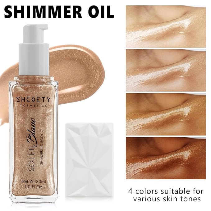 Shimmer Body Oil with Brush, Portable Long Lasting Body Glow Oil for Body & Face, Waterproof & Natural Moisturizing Liquid Highlighter Makeup for All Skin, Travel, Wedding, Party, Rose Gold