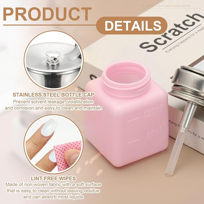 YOKIVE Alcohol Dispenser, 180ml(6oz) Pump Dispenser Bottle Push Down for Nail Polish Remover Acetone Cleanser with 200Pcs Lint Free Nail Wipes, Pink(Splash-proof Pump Head)