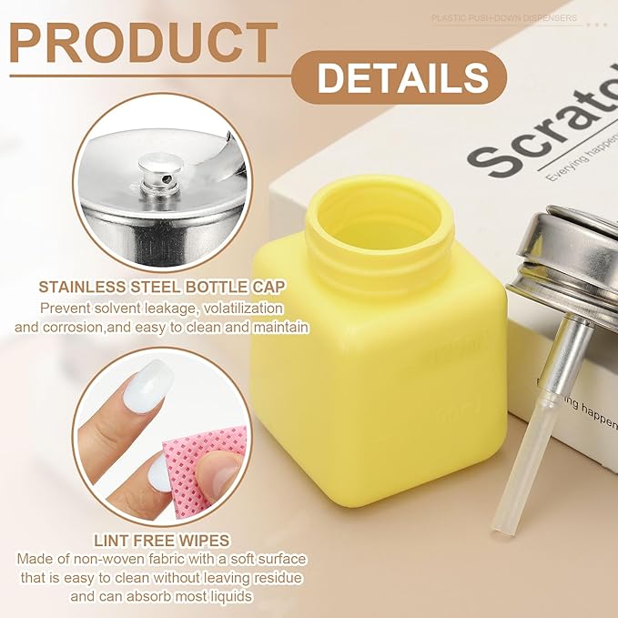 YOKIVE Alcohol Dispenser, 180ml(6oz) Pump Dispenser Bottle Push Down for Nail Polish Remover Acetone Cleanser with 200Pcs Lint Free Nail Wipes, Yellow(Splash-proof Pump Head)