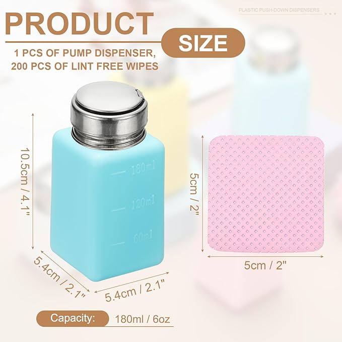 YOKIVE Alcohol Dispenser, 180ml(6oz) Pump Dispenser Bottle Push Down for Nail Polish Remover Acetone Cleanser with 200Pcs Lint Free Nail Wipes, Blue(Splash-proof Pump Head)