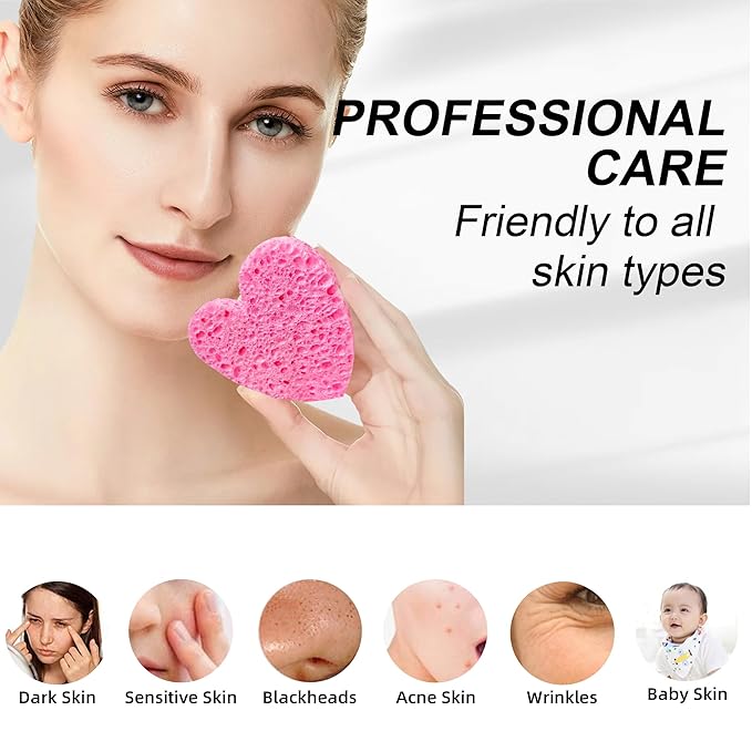 Women 60-Count Compressed Cellulose Heart Shape Face Facial Sponges 100% Natural Cosmetic Sponges for Facial Cleansing Exfoliating Mask Skin Massage (Pink)