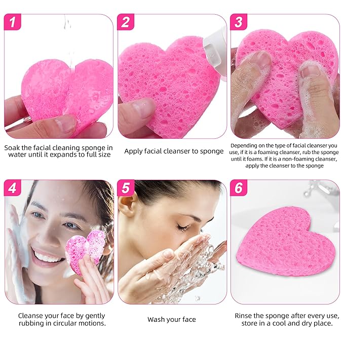 Women 60-Count Compressed Cellulose Heart Shape Face Facial Sponges 100% Natural Cosmetic Sponges for Facial Cleansing Exfoliating Mask Skin Massage (Pink)