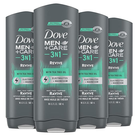 DOVE MEN + CARE Post-Workout Body Wash 3N1 Revive 4 Count For Men With Tea Tree Oil, 18 oz