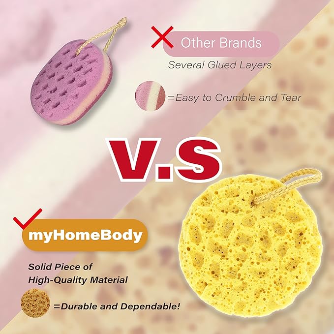 myHomeBody Bath Sponge, Foam Loofah, Body Scrubber for Bathing, Exfoliating Shower Pouf for Shower – Large Size, Lots of Lather, Round, 2 Pack