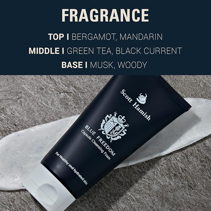 Scott Hamish Blue Freedom Capsule Cleansing Foam - Exfoliating Face Scrub & Gentle Face Cleanser for Men - Moisturizing Wash with Cica for Pore Tightening, Restoring Vitality, 5.07 fl.oz.