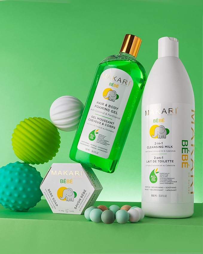 MAKARI Baby Care Set: Bebe Cleansing Milk (1000ml), Softness Care Baby Oil & Hair and Body Foaming Gel, Gentle, Nourishing, Hypoallergenic Skincare for Delicate, Sensitive Skin