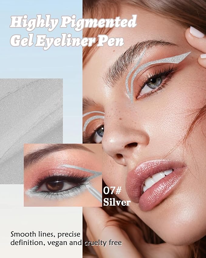 Waterline Gel Eyeliner Pencil, Silver Shimmer Waterproof Long Lasting Eye Liner Pencils with Sharpener, Highly Pigmented Hypoallergenic Precision Cream Smooth Glitter Eyeliner Makeup Pen for Women-07