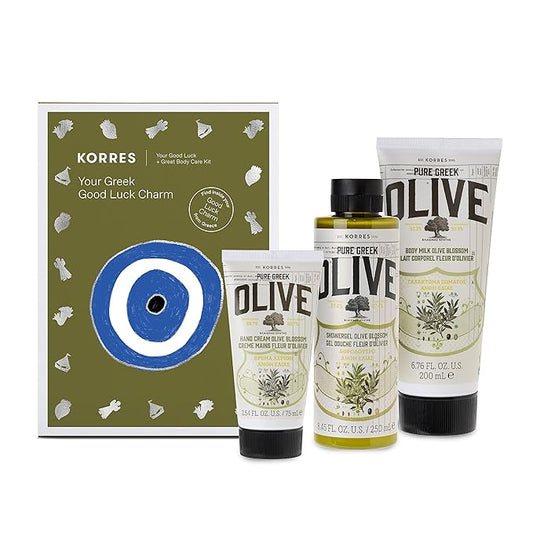 KORRES Body Care Collection, Pure Greek Olive Oil Shower Gel, Body Lotion and Hand Cream Moisturizer for Dry Skin, Moisturizing and Hydrating for Smooth, Supple Skin, Olive Blossom, 3 Piece Gift Set