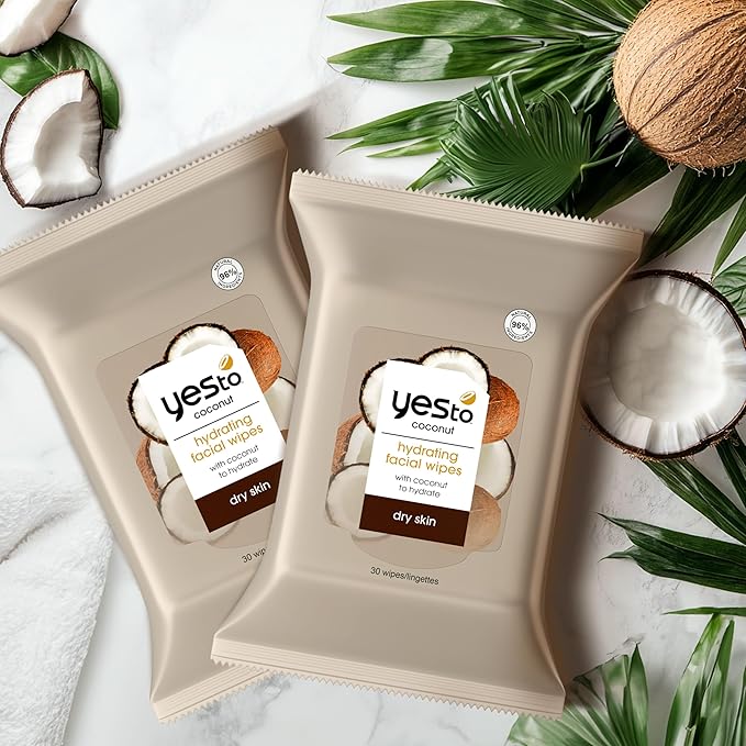 Yes To Face Wipes for Women and Men, Super Skin Recharging Facial Cleansing Wipes for use as a Make Up Remover, Cleaning, Soothing, Coconut (Pack of 3)
