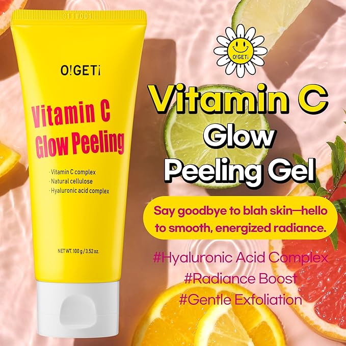 Vitamin C Glow Peeling Gel, Natural Cellulose & AHA Exfoliator, Vitamin C Complex, Upcycled Green Tangerine, Sensitive Skin Safe, 3.6oz