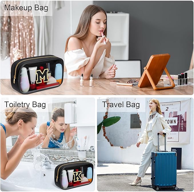 YOOLIFE Travel Toiletry Bag for Women, Black Clear Makeup Bag Cute Make Up Bag Cosmetic Bags Skin Care Makeup Bag Organizer Birthday Gifts for Women Teacher Mother Girlfriend Initial H