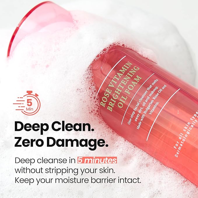 [K-Beauty] Rose Vitamin Oil to Foam - All-in-One Korean Face Wash OilBased Foaming Facial Cleanser - Pore Minimizing & Blackhead Remover - Makeup Deep Cleansing Oil for All Skin Types (3.88 fl oz)