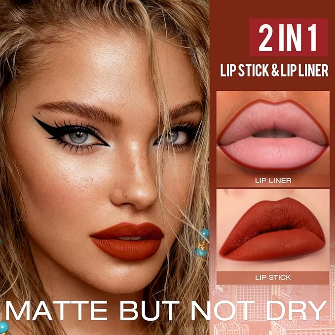 Red Matte Liquid Lipstick and Lip Liner Set for Women Long Lasting Waterproof Lipsticks 24 Hours Smudgeproof Lip Liner and Lipstick Combo, A02