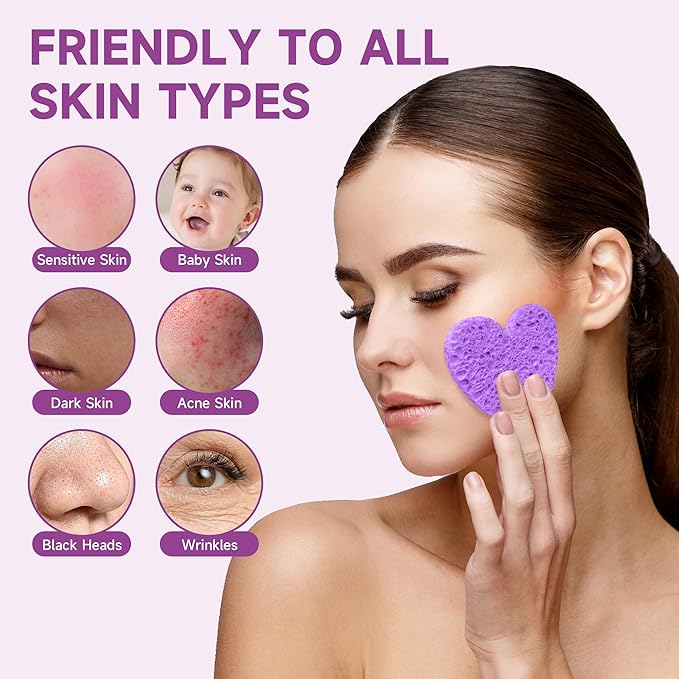 ‌Silkyhose 50-Count Compressed Cellulose Facial Sponges - Heart-Shaped 100% Natural Cosmetic Sponges for Gentle Cleansing, Exfoliating & Skin Massage (Purple)