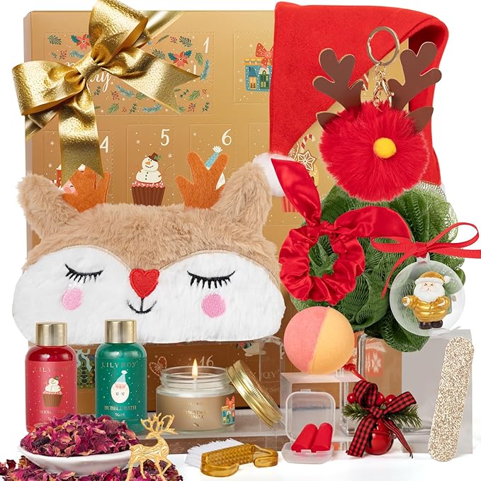 Advent Calendar 2025 Christmas Gifts for Women Mom - Luxury Gift Box with Brooch and Cute Sleeping Mask, Bath and Body Spa Gift for Women｜Spa Set Bath Gift Idea for Female Friends