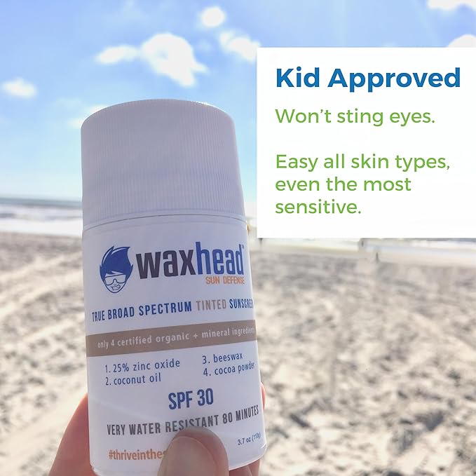 Waxhead Tinted Zinc Sunscreen Stick Face SPF 30 - Reef Safe Sunscreen, Tinted Zinc Oxide Stick Biodegradable, Waterproof, Skin Tone, Food-Grade, Non-Nano, Natural Non-Toxic Kids, Surfing (Tint, 3.7oz)