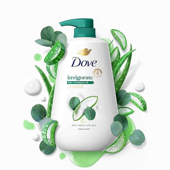 Dove Body Wash with Pump Invigorate Aloe & Eucalyptus For 24hr Lotion-Soft Skin Moisturizing Skin Cleanser with No Sulfates No Parabens 30.6 Oz