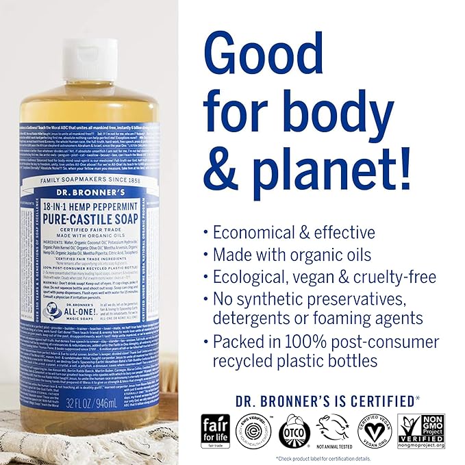 Dr. Bronner's - Pure-Castile Liquid Soap (Peppermint, 25 ounce) - Made with Organic Oils, 18-in-1 Uses: Face, Body, Hair, Laundry, Pets and Dishes, Concentrated, Vegan, Non-GMO (2-Pack)