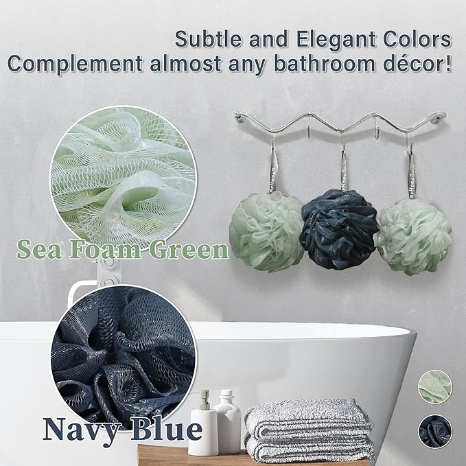 myHomeBody Large 70g Loofah Sponge, Body Scrubber, Bath Sponge, Loofah for Women, Men, Exfoliating Sponge Shower Pouf with Activated Charcoal - 2 Sea Foam Green + 1 Navy Blue, 3 Pack