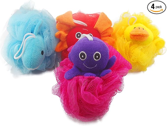 Loofah Exfoliating Shower Stuffed Sponge Pouf Mesh Brush with Animal Design - Bath Spa Puff Scrubber Ball - Body Poof for Man and Woman - Rich Foams Bubble（4.7" Each） Pack of 4
