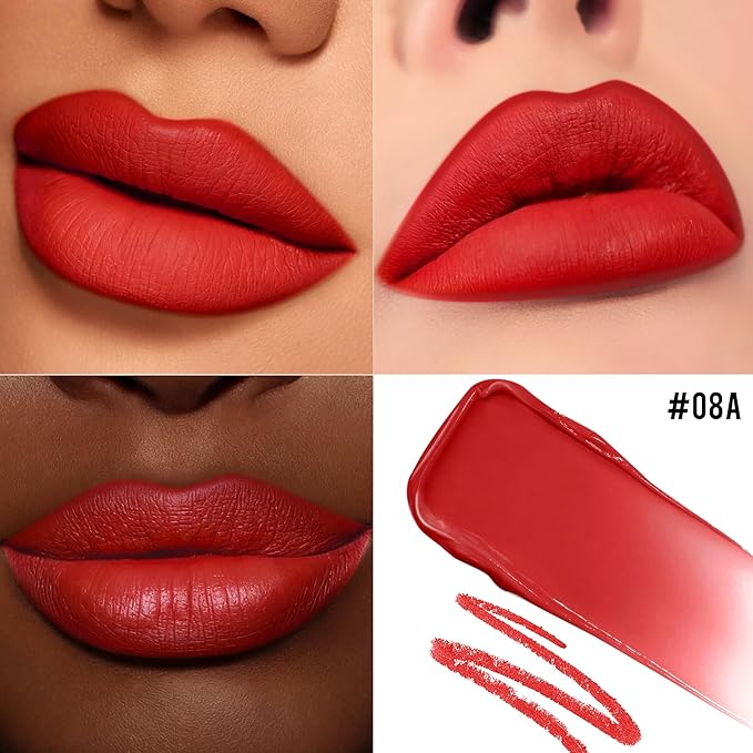Red Matte Liquid Lipstick and Lip Liner Set for Women Long Lasting Waterproof Lipsticks 24 Hours Smudgeproof Lip Liner and Lipstick Combo, A08
