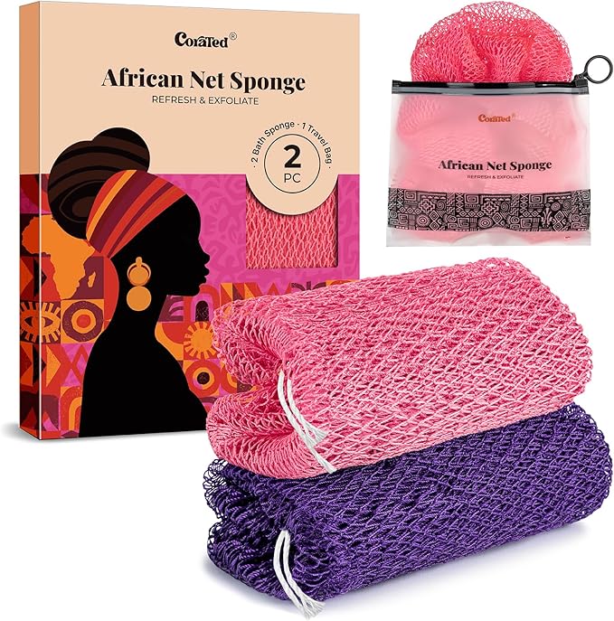 CORATED African Net Sponge Authentic, Shower Loofah Exfoliating Bath Sponge, Body Scrubber for Women and Men Daily Use Body Care, Travel Portable, Durable Bath Accessories for Bathroom (Pink & Purple)