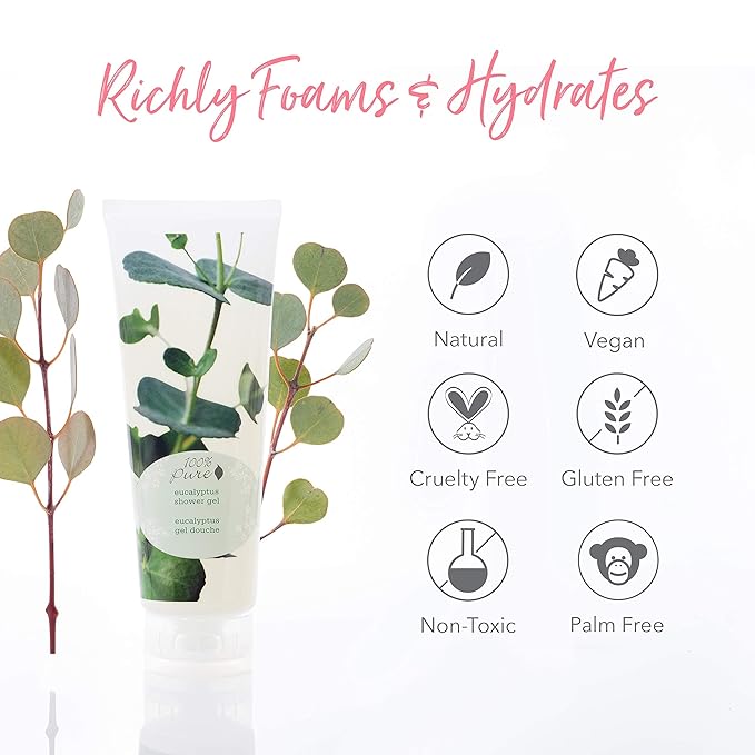 100% PURE Eucalyptus Shower Gel Natural Foaming & Hydrating Body Wash - Deeply Moisturizing Gentle Soap Cleanser for All Skin Types, Even Sensitive - Gluten-Free - 8 Fl Oz