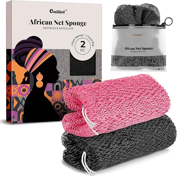 CORATED African Net Sponge Authentic, Shower Loofah Exfoliating Bath Sponge, Body Scrubber for Women and Men Daily Use Body Care, Travel Portable, Durable Bath Accessories for Bathroom (Black & Pink)