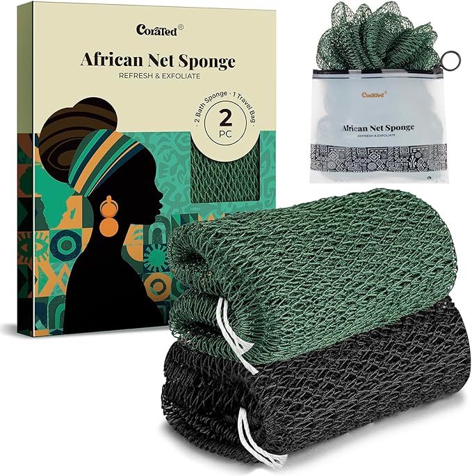 CORATED African Net Sponge Authentic, Shower Loofah Exfoliating Bath Sponge, Body Scrubber for Women and Men Daily Use Body Care, Travel Portable Bath Accessories for Bathroom (Black & Dark Green)