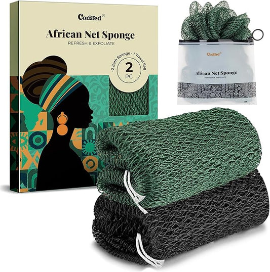 CORATED African Net Sponge Authentic, Shower Loofah Exfoliating Bath Sponge, Body Scrubber for Women and Men Daily Use Body Care, Travel Portable Bath Accessories for Bathroom (Black & Dark Green)