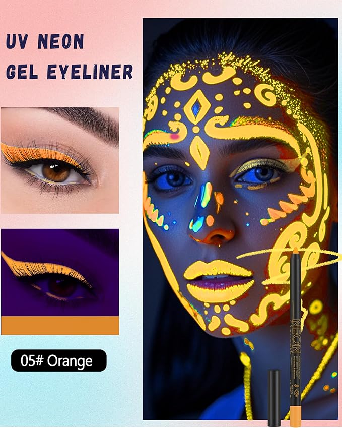 UV Neon Colored Gel Eyeliner Pencil, Matte Rainbow Colorful Eyeliner Pencils Glow in the Dark Makeup, Waterproof Long Lasting Eye Liner Pen with Sharpener for Halloween Face Body Painting-B05 Orange