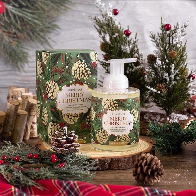 ROMIIE ZOI Christmas Foaming Hand Soap with Gift Box- Merry Christmas Design, Infused with Fresh Balsam Fir Scent -Holiday Bathroom Soap for Winter Decoration and Gifting – 500ml / 16.8oz