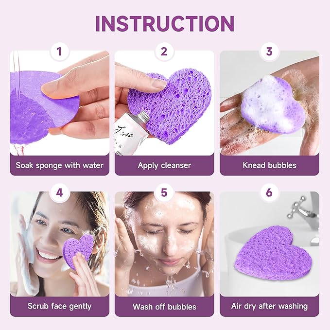 ‌Silkyhose 50-Count Compressed Cellulose Facial Sponges - Heart-Shaped 100% Natural Cosmetic Sponges for Gentle Cleansing, Exfoliating & Skin Massage (Purple)