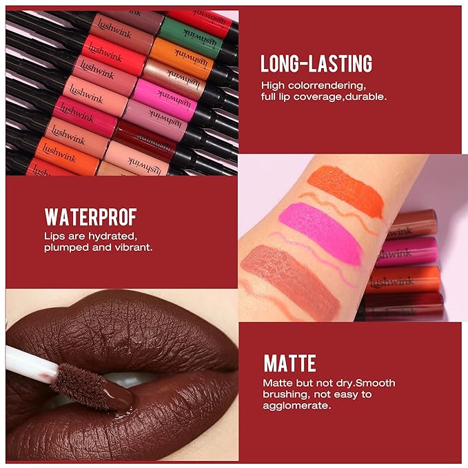 Red Matte Liquid Lipstick and Lip Liner Set for Women Long Lasting Waterproof Lipsticks 24 Hours Smudgeproof Lip Liner and Lipstick Combo, A08