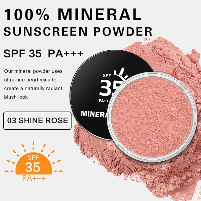 Sunscreen Blush Powder,Mineral Powder Blush for Cheeks,SPF 35,Rubor en Polvo,Buildable Coverage,Natural Glow,Talc-Free,Vegan,0.35 oz,03 Shine Rose