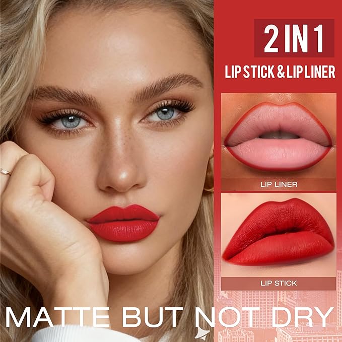 Red Matte Liquid Lipstick and Lip Liner Set for Women Long Lasting Waterproof Lipsticks 24 Hours Smudgeproof Lip Liner and Lipstick Combo, A08