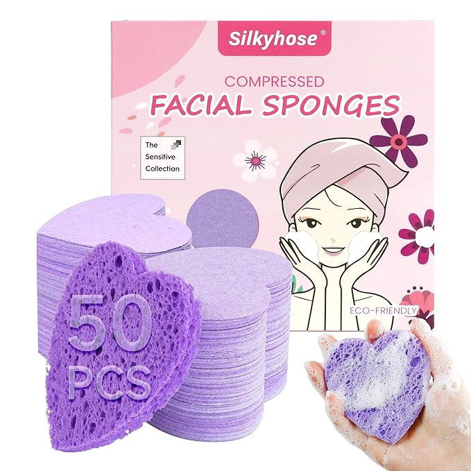 ‌Silkyhose 50-Count Compressed Cellulose Facial Sponges - Heart-Shaped 100% Natural Cosmetic Sponges for Gentle Cleansing, Exfoliating & Skin Massage (Purple)