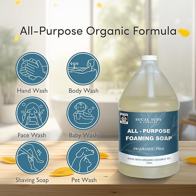 SoCal Suds & Company 128oz Certified Organic Foaming Hand & Body Wash - Gentle Natural Body,Baby & Face Wash for Sensitive Skin, Moisturizing All-Purpose Foaming Soap & More - Fragrance Free